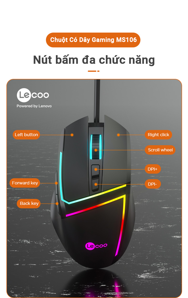 Chuột quang gaming có dây Lecoo MS106 màu đen