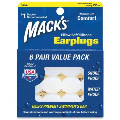 [SG In-Stock] 6 pairs Macks Pillow Soft (Moldable Fitting) Silicone Earplugs Ear plugs (include Free Case) Made in USA for Swimming Air Travel Sleeping Anti Snoring
