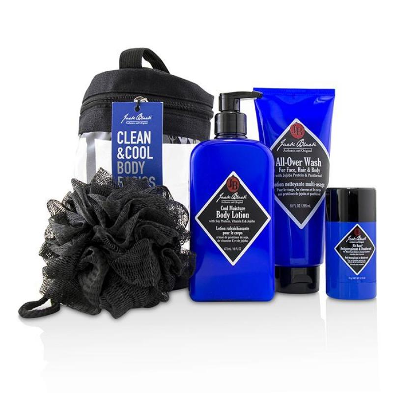 Buy Jack Black Clean Cool Body Basics Set: All Over Wash 295ml + Pit Boss Deodorant 78g + Cool Moisture Body Lotion 473ml + Netted Sponge 4pcs Singapore