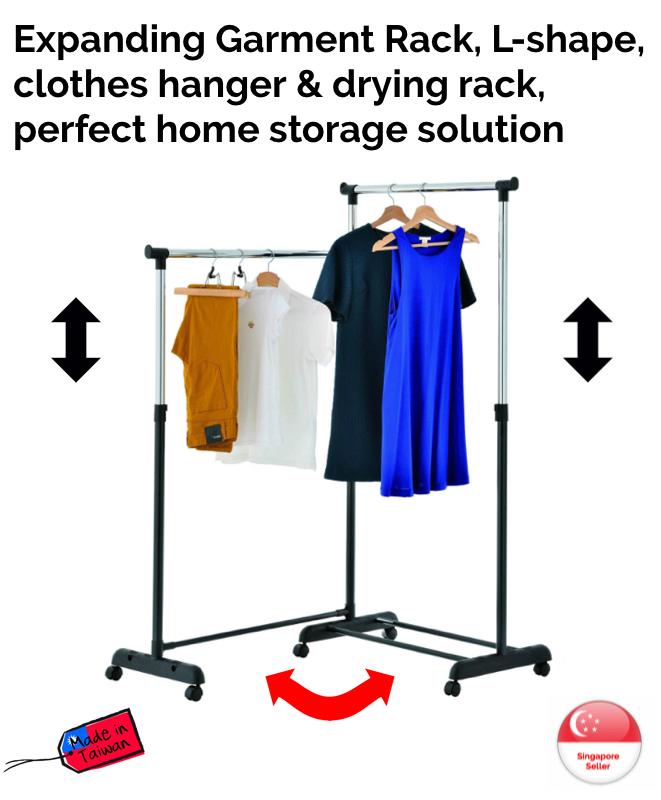 Expanding Garment Rack - expanding garment rack, clothes hanger, laundry drying, adjustable, moveable, storage, L-shape, Made in Taiwan