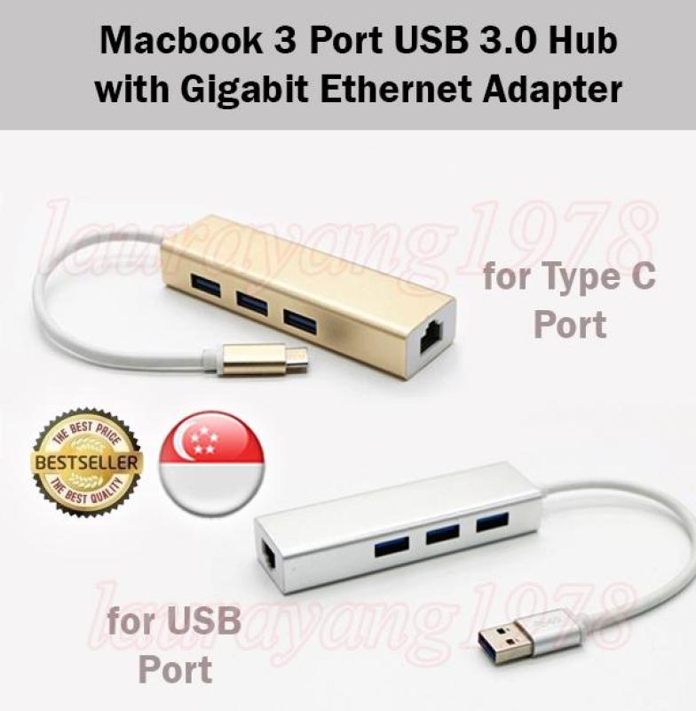 Macbook 3 Port USB 3.0 Hub with Gigabit Ethernet Adapter Type C and USB Ports