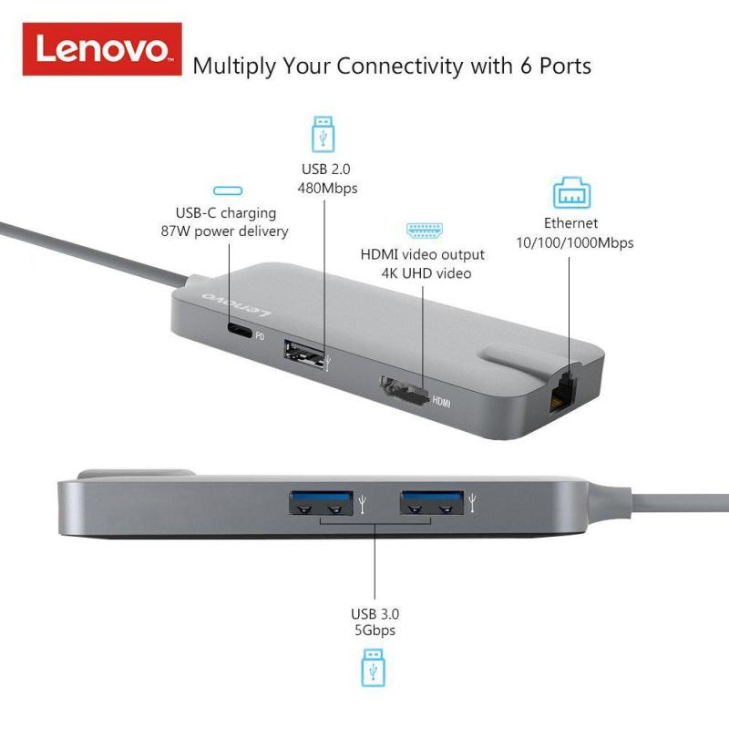 Lenovo USB C to HDMI 4K, Gigabit Ethernet port (RJ-45 port), 87W PD USB-C charging port, 2 x USB 3.0 ports and 1 x USB 2.0 port (C106A) Compatible with Samsung Note 8/9/S8/S9, Macbook Pro/Air, Dell, Huawei, Lenovo Yoga, Microsoft Go, Surface Pro