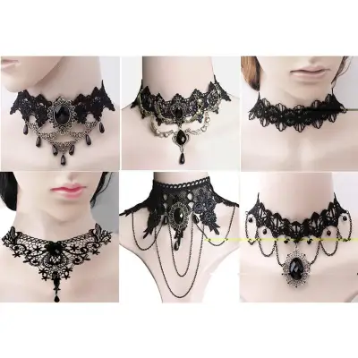 6 PCS Women Lady Black Elegant Fashion Lace Tassel Choker Necklace for Wedding Party Dating Valentine Gift