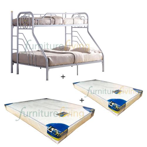 Furniture Living Metal Bunk Bedframe (Silver) + Royal Foam Mattress (Single-6inch) + Royal Foam Mattress (Queen-6inch)