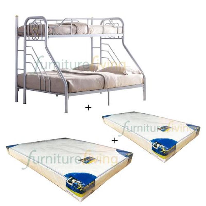 Furniture Living Metal Bunk Bedframe (Silver) + Royal Foam Mattress (Single-6inch) + Royal Foam Mattress (Queen-6inch)