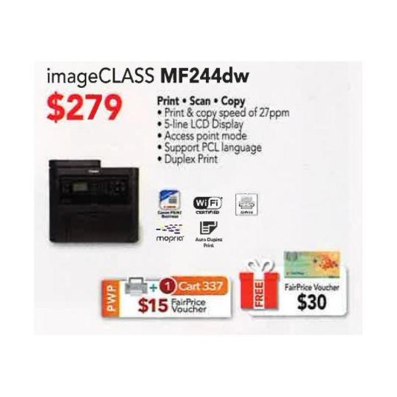 Canon Printer imageCLASS MF244dw Free $30 NTUC and add on a addition Canon 337 Original Toner Cartridge to get a free $15 FairPrice voucher Till 20 May 2018 Singapore