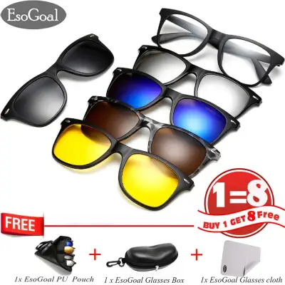 EsoGoal Magnetic Sunglasses Clip On Glasses Unisex Polarized Lenses Retro Frame with Set of 5 lenses - intl