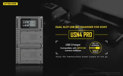 Nitecore USN4 PRO Dual-Slot USB Travel Charger (For Sony NP-FZ100 NP FZ100 Battery)