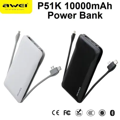 Awei P51K 10000mAh Power Bank with Micro + iPhone + Type-C + USB Output Charging Charger Cable