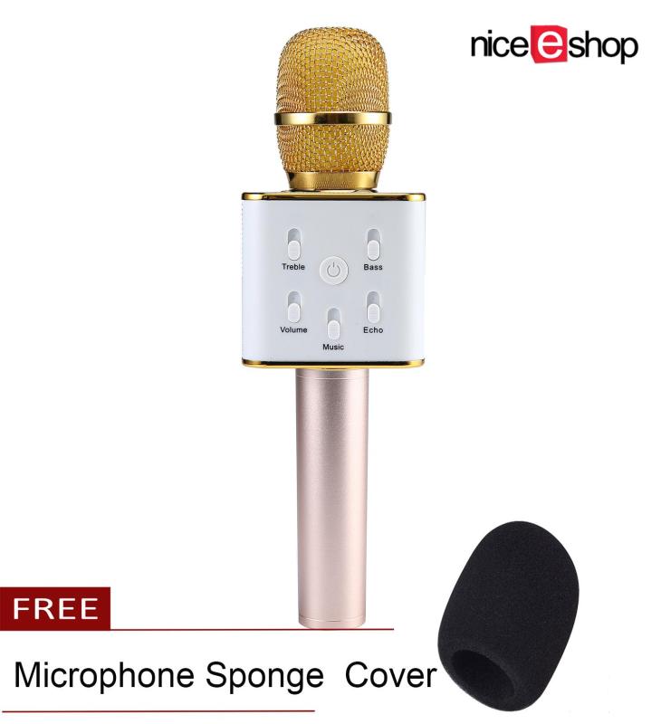 niceEshop Q7 Wireless Handheld Microphone Portable KTV Karaoke Stereo Player Bluetooth For KaraOK App IOS / Android Smart Phones/Pads Computer With Mic Speaker Gold USB Playback Original Singapore