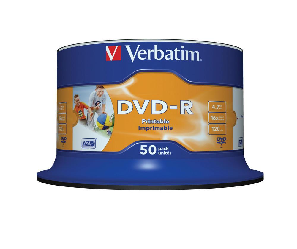 Verbatim DVD-R AZO 50pcs per cake box 4.7gb 16x 120min Printable White Surface