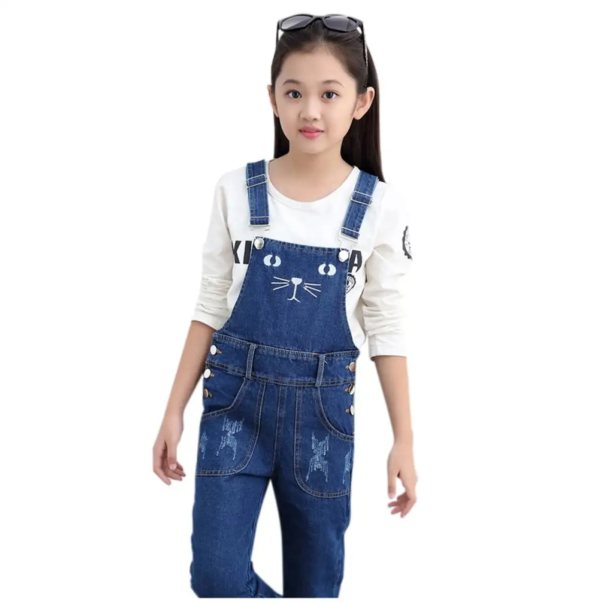 Hiqueen Girls Overalls Denim Jeans Spring Autumn Baby Cat Pattern Pants  Teens Kids Straight Jumpsuit | Lazada