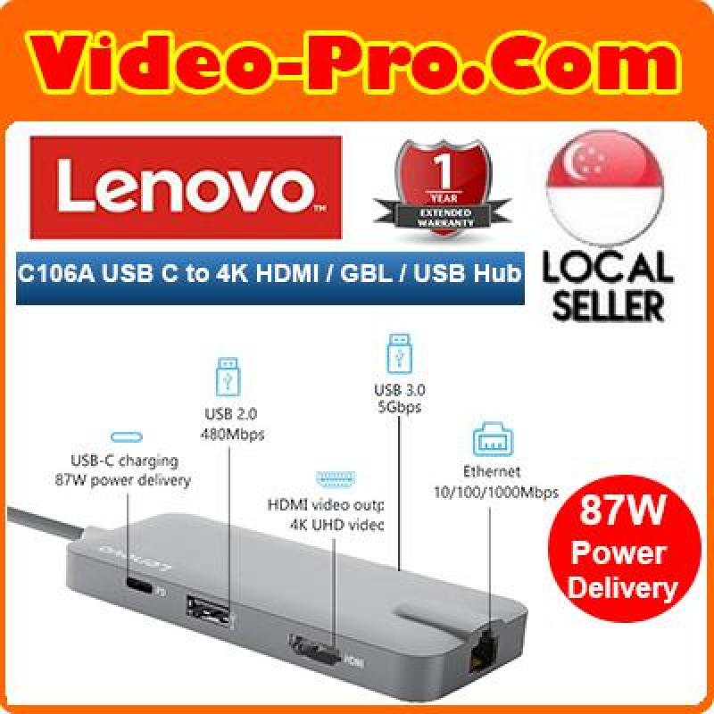 Lenovo C106A USB C to 4K HDMI, Gigabit Ethernet port (RJ-45 port), 87W Power Delivered USB-C charging port, 2 x USB 3.0 Hub and 1 x USB 2.0 Hub