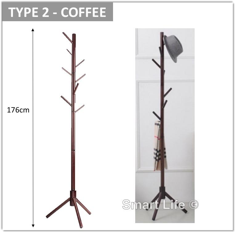 Wooden Standing Coat Rack 8 Hooks Solid Wood Hall Tree with Round Base Triangle Base Sturdy Stable Clothes Hanger Shelf