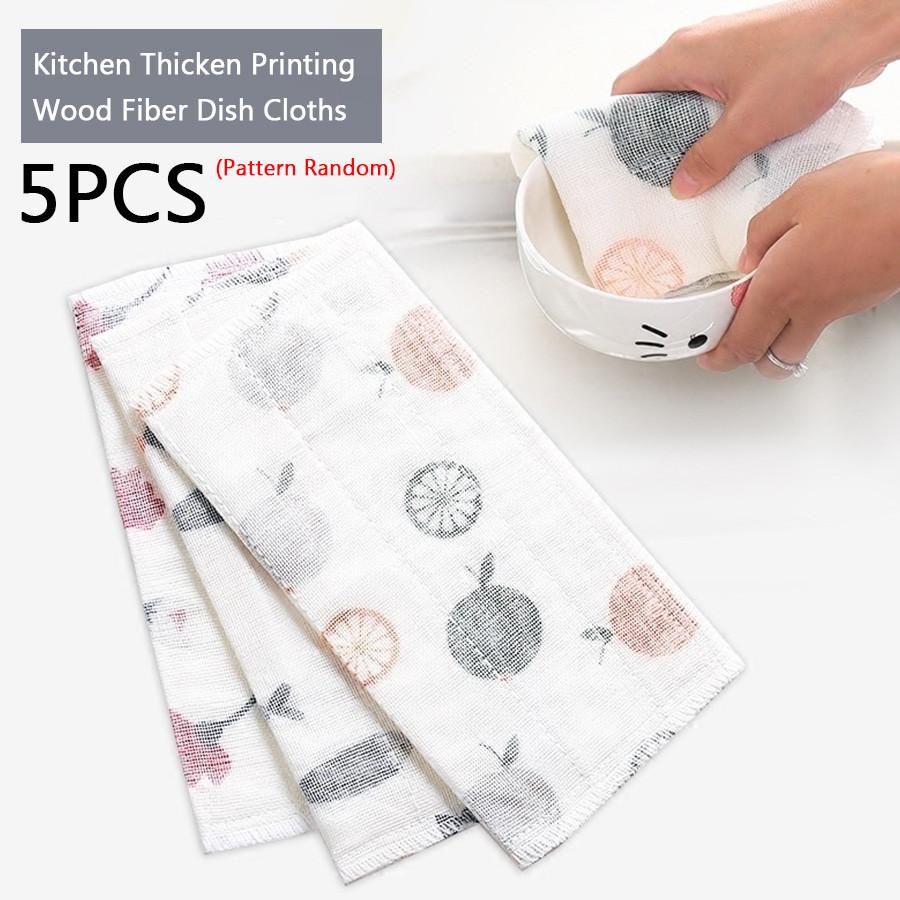 Home Dish Cloth Towels At Best Thicken 5pcs Kitchen Dish Cloths Printing Wood Fiber Washing Cloth Dishcloths Rags Towel Tableware Cleaning