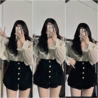 Quần Sooc Nhung Giả Váy Đính Khuy Đồng