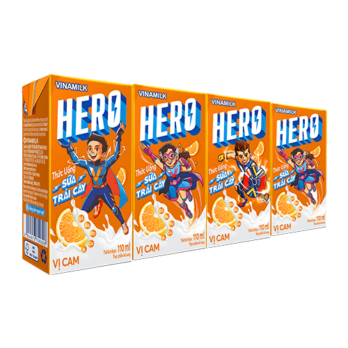 Thức Uống Sữa Trái Cây Hero Vị Cam - Lốc 4 Hộp x 110ml