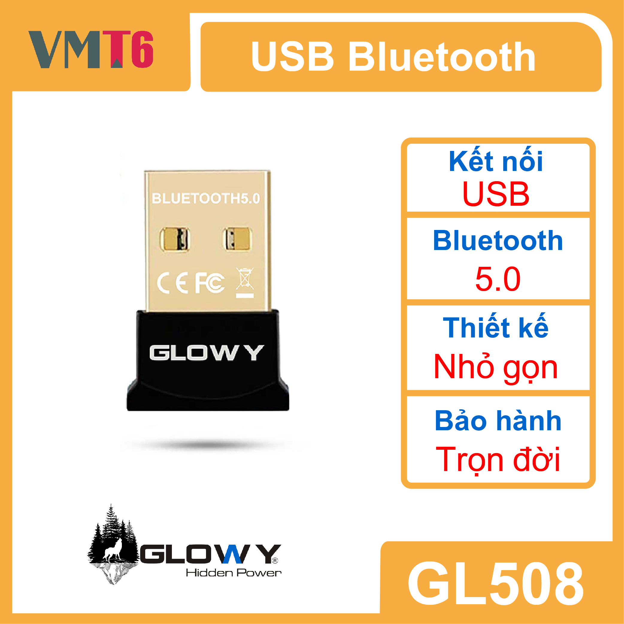 Bộ thu bluetooth 5.0 _ usb bluetooth gloway gl508 _ bảo hành trọn đời