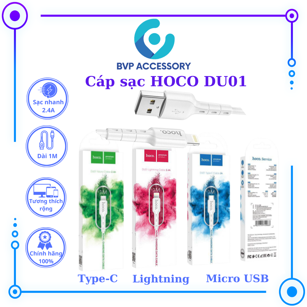 Dây cáp sạc nhanh hoco du01 micro lightning typec truyền dữ liệu sạc nhanh 2.4a 3a dài 100cm - bvp