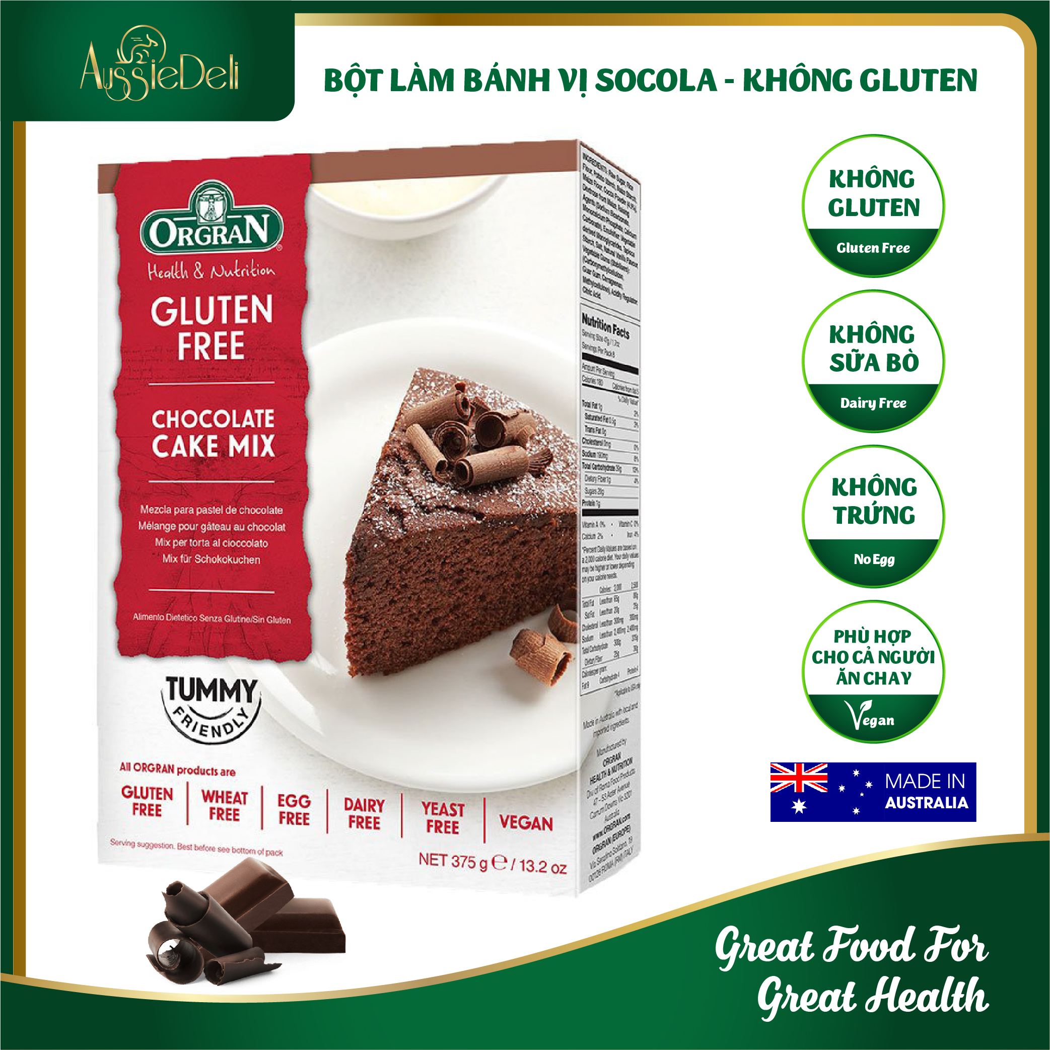 Bột làm bánh hương chocolate không Gluten Orgran - Gluten Free Chocolate Cake Mix - hộp 375g, chất lượng đảm bảo an toàn đến sức khỏe người sử dụng, cam kết hàng đúng mô tả