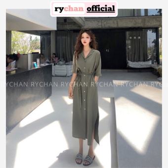 Đầm Sơ Mi Rêu Dáng Dài Cổ Vest Xẻ Tà Có Túi - DS007