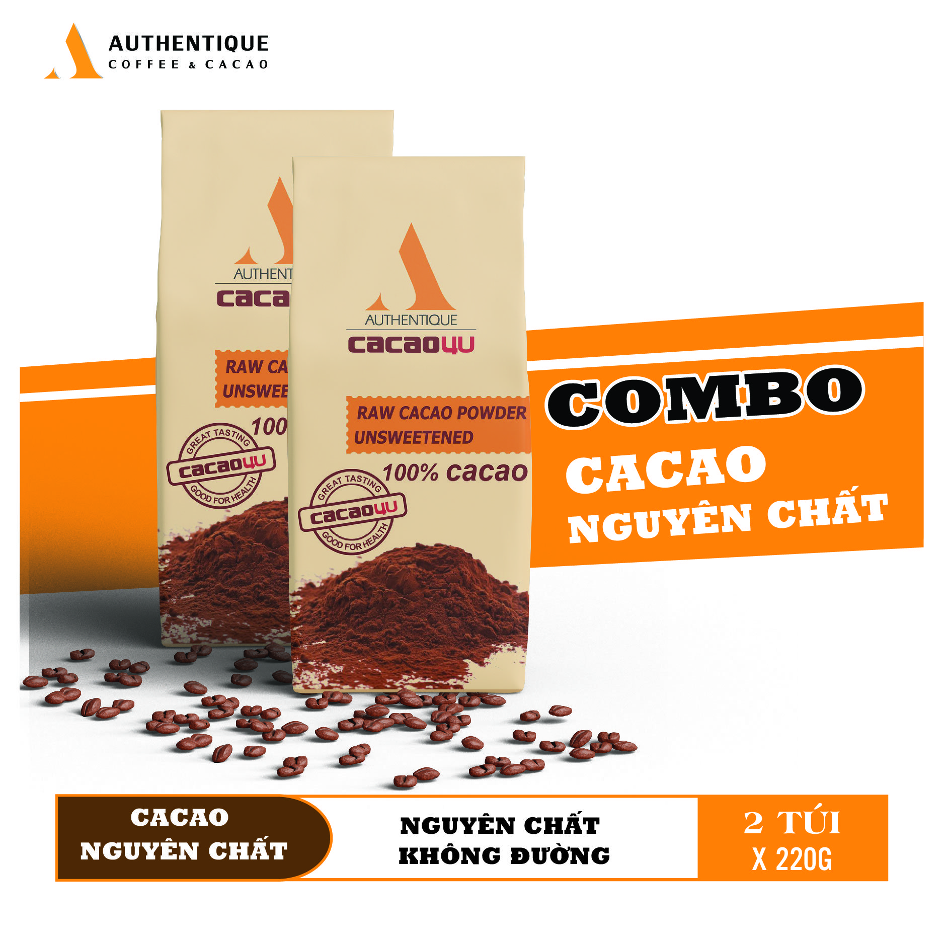 Combo 2 túi Bột Cacao 100% Nguyên Chất - Túi Kraft 220 - Hỗ Trợ Giảm Cân