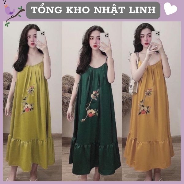 Váy suông đầm suông dáng dài form rộng kiểu hàn quốc hai dây thêu hoa gấm chất đũi lụa cao cấp NHẬT LINH - V333