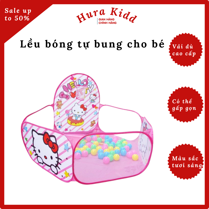 Nhà banh cho bé gấp gọn quây cũi tự bung lều quây bóng giá rẻ khung kim loại vải dù màu hồng Hello Kitty - Hurra Kid