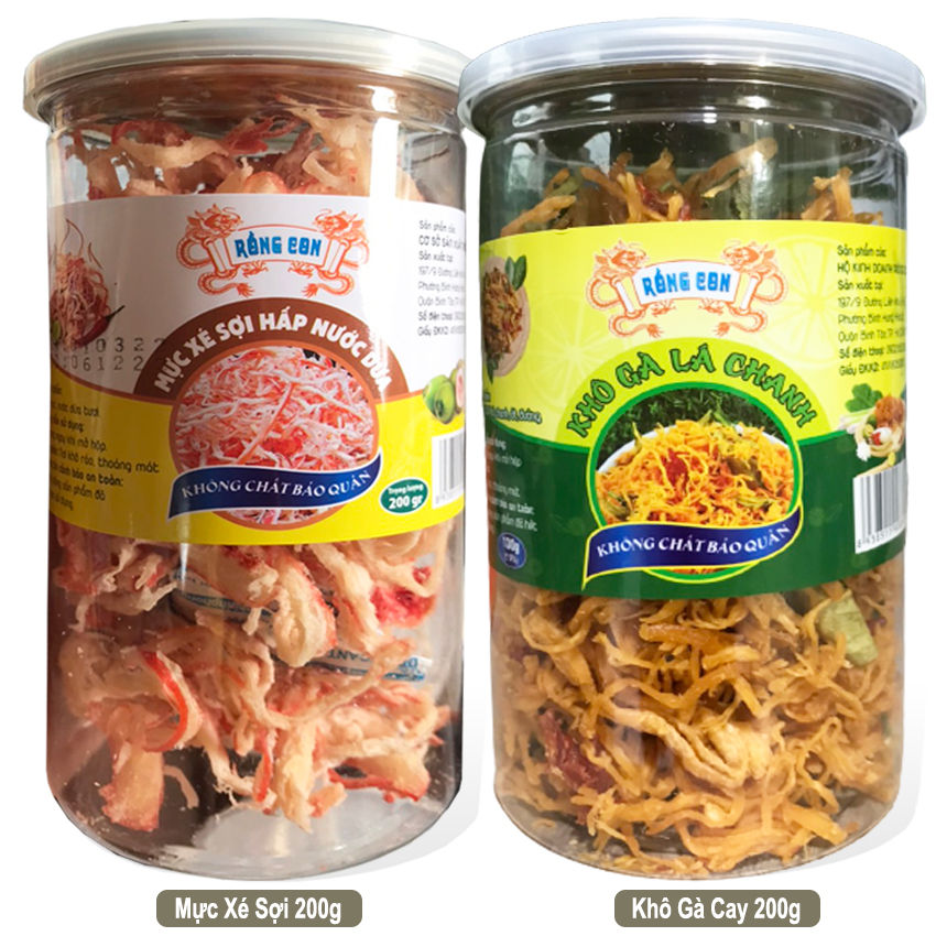 Combo 2 hộp: khô mực hấp nước dừa xé sợi 200g - khô gà lá chanh 200g rồng con - đồ ăn vặt