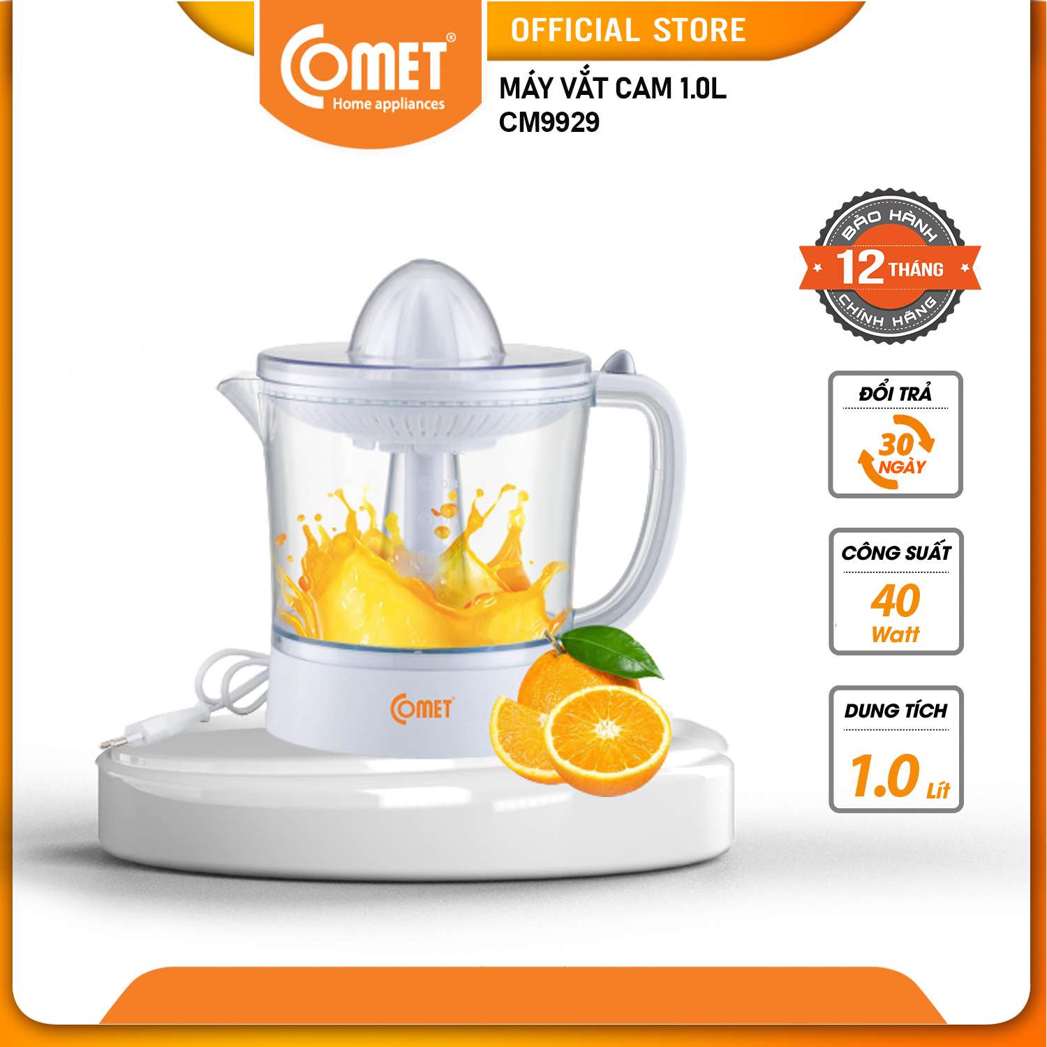 Máy vắt cam comet - cm9929 1.0 lít - trắng - bảo hành 12 tháng - hàng chính hãng