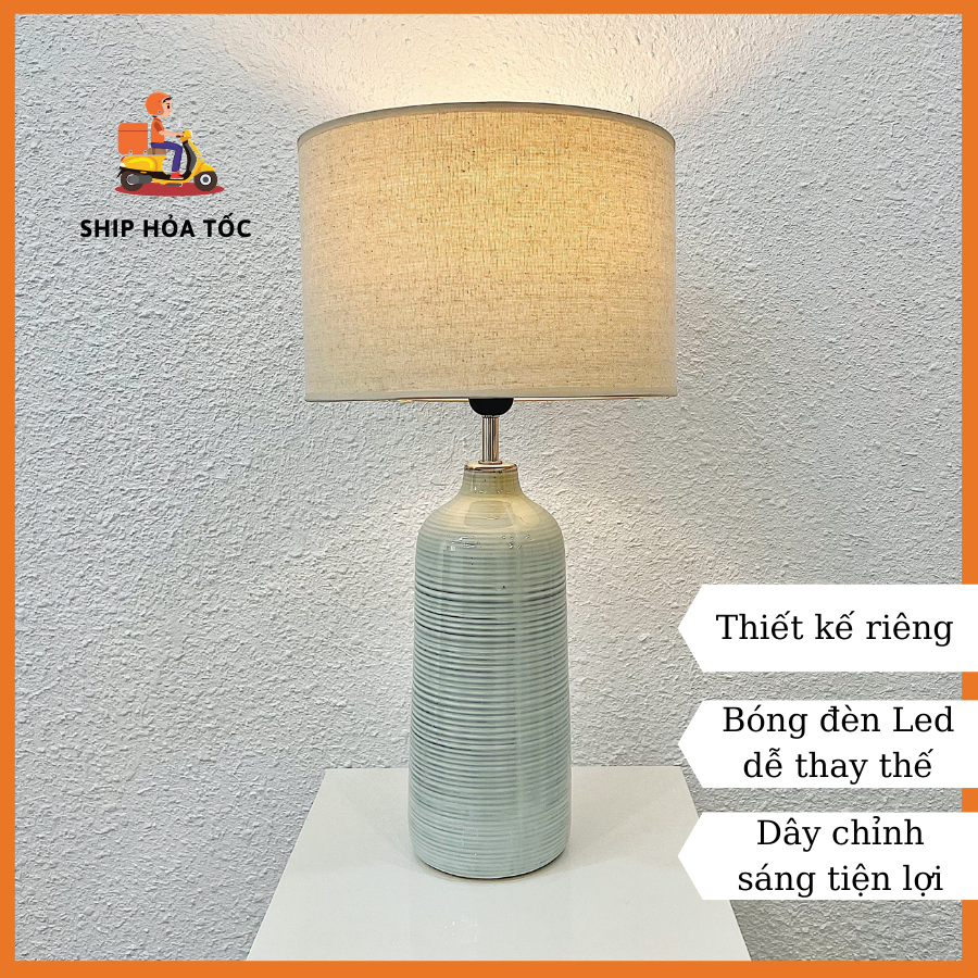 Đèn ngủ Table lamp để bàn trang trí phòng khách gốm sứ màu xanh ngọc vân cổ điển cao 58 cm DS-TL9866