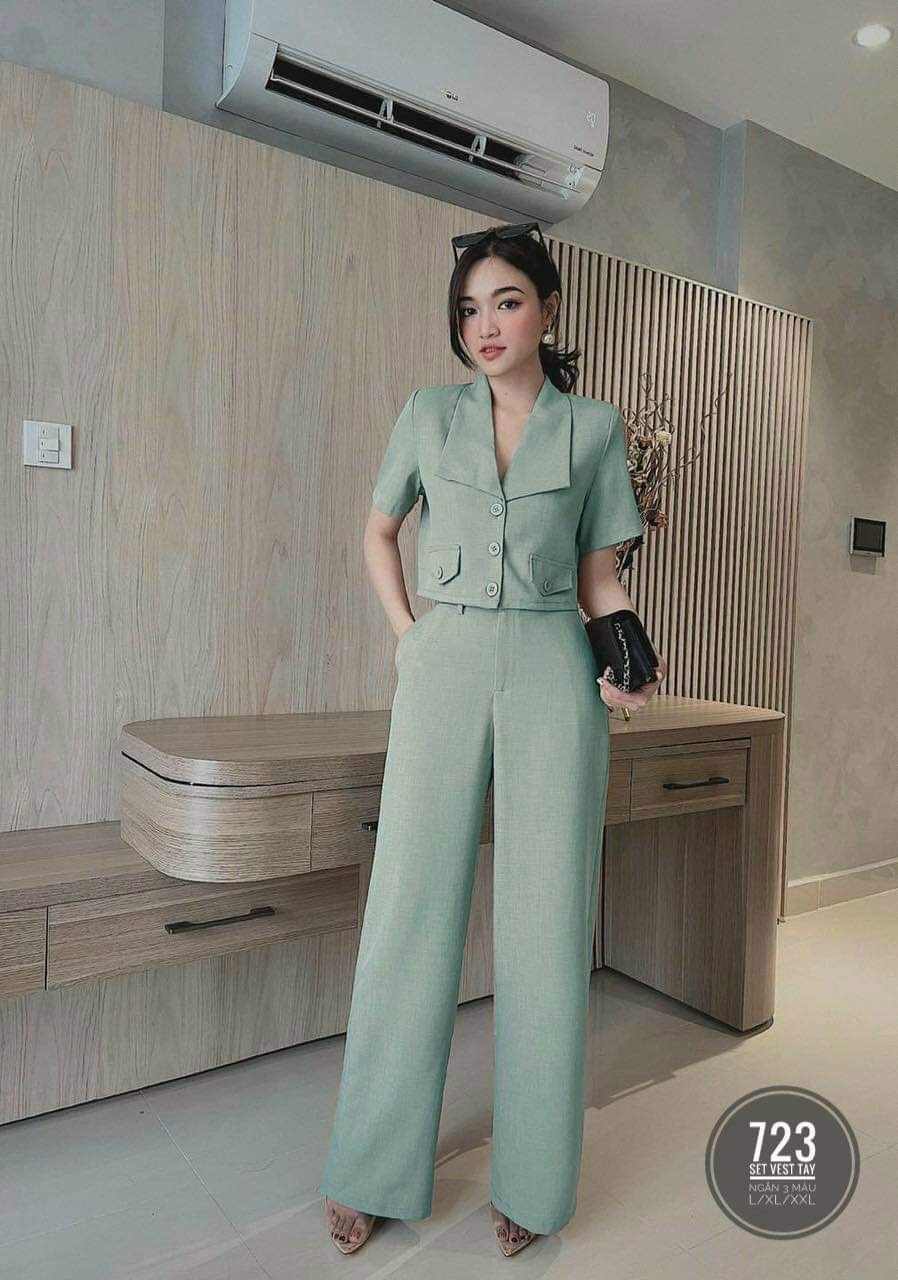 Sét bộ vest nữ, áo cổ vest croptop, quần dài ống rộng