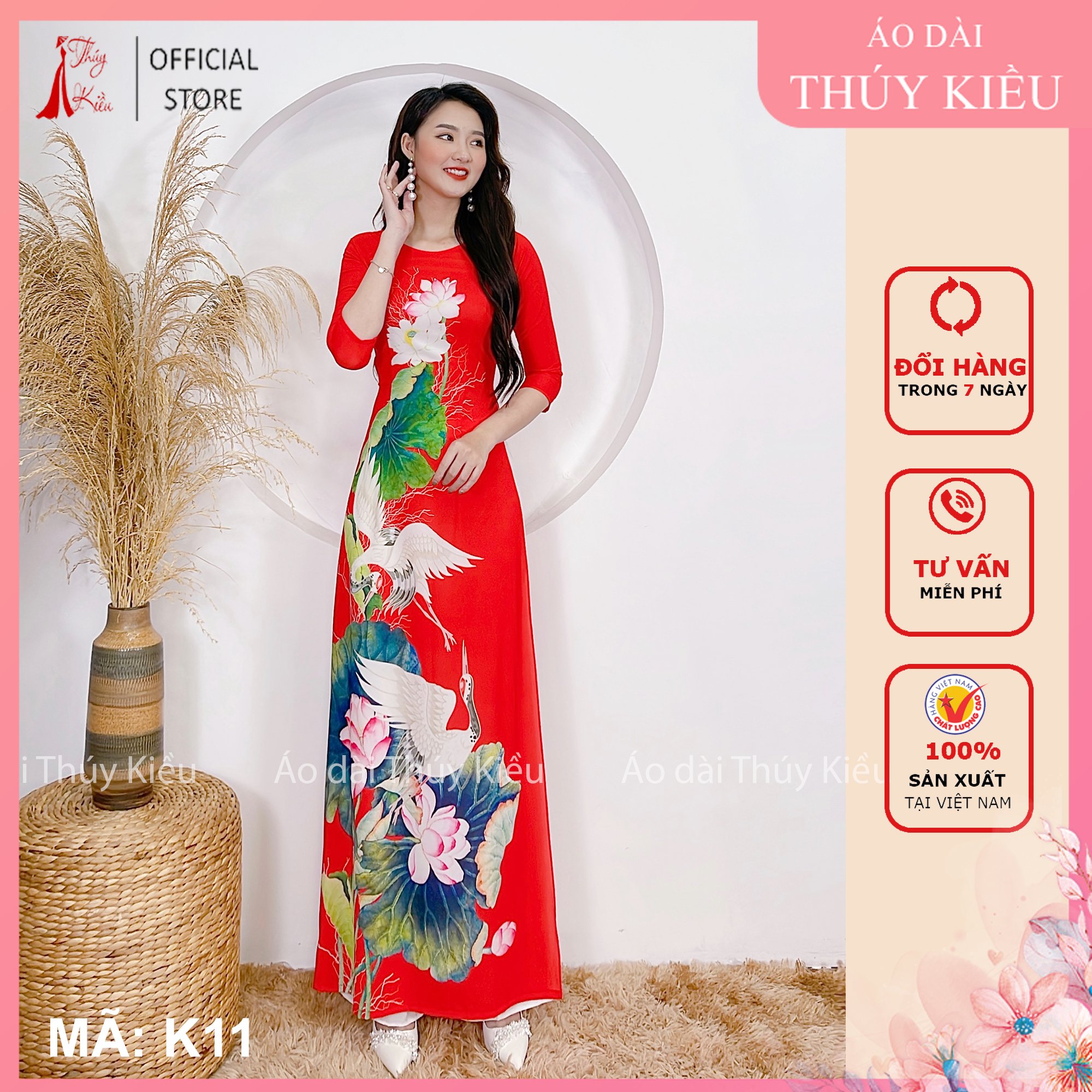 Áo dài truyền thống thiết kế may sẵn tết cách tân nữ nền đỏ hoa sen K11 Thúy Kiều mềm mại co giãn áo dài giá rẻ
