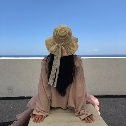 Mũ cói mềm rộng vành thắt nơ ren Vintage