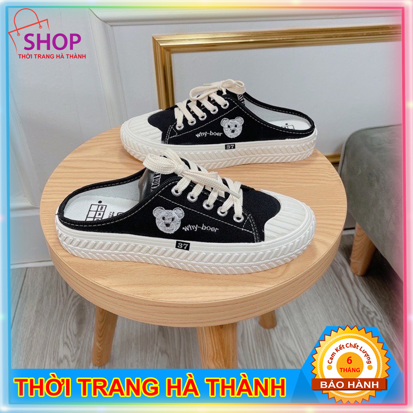 Giày sục nữ TOTIIE SHOES - BATA thêu hình gấu kiểu dáng hở gót sang chảnh, đế cao 3,5cm êm nhẹ thời trang phong cách ulzzang hàn quốc hot 2022 Thời Trang Hà Thành