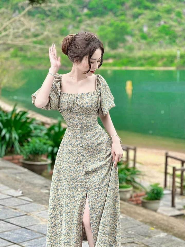 Đầm maxi hoa nhí, đầm tiểu thư cổ vuông, đầm tiểu thư tay phồng, váy đầm maxi xẻ tà dể thương, cá tính