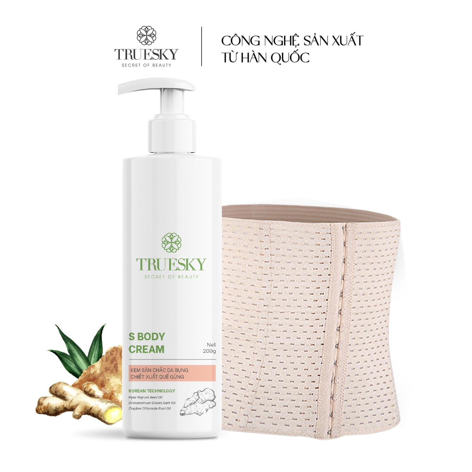 Bigsize - Bộ sản phẩm tan mỡ bụng cấp tốc Truesky gồm 1 kem tan mỡ bụng quế gừng 200g + 1 đại nịt bụng quấn nóng cao cấp