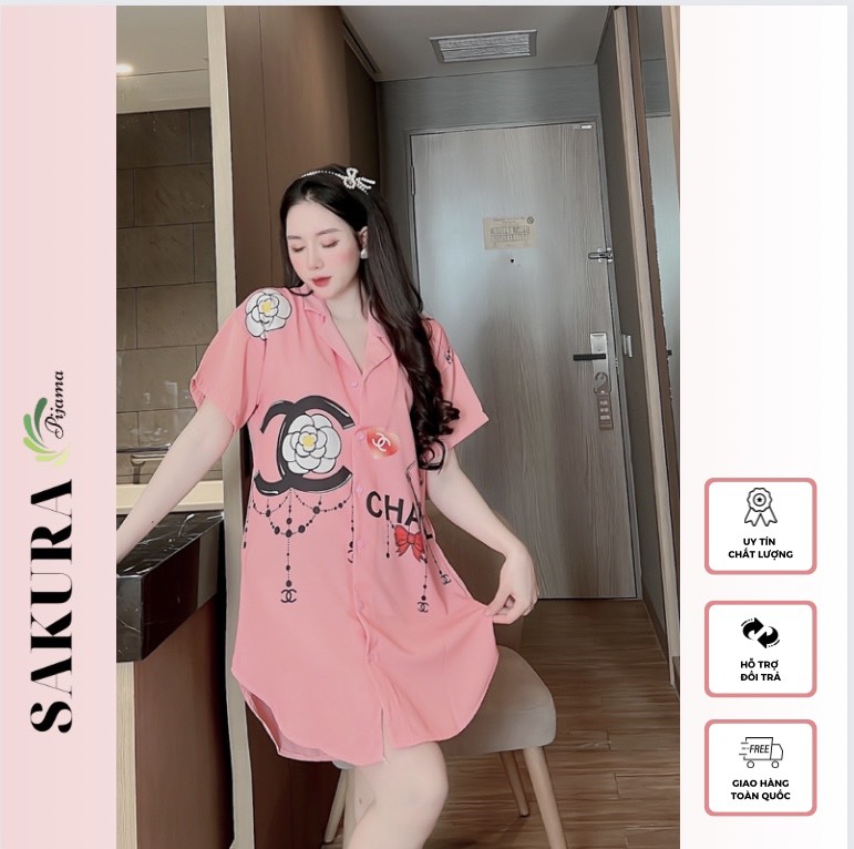 Váy sơ mi dáng dài suông thiết kế xinh đẹp lụa ngủ cao cấp SAKURA