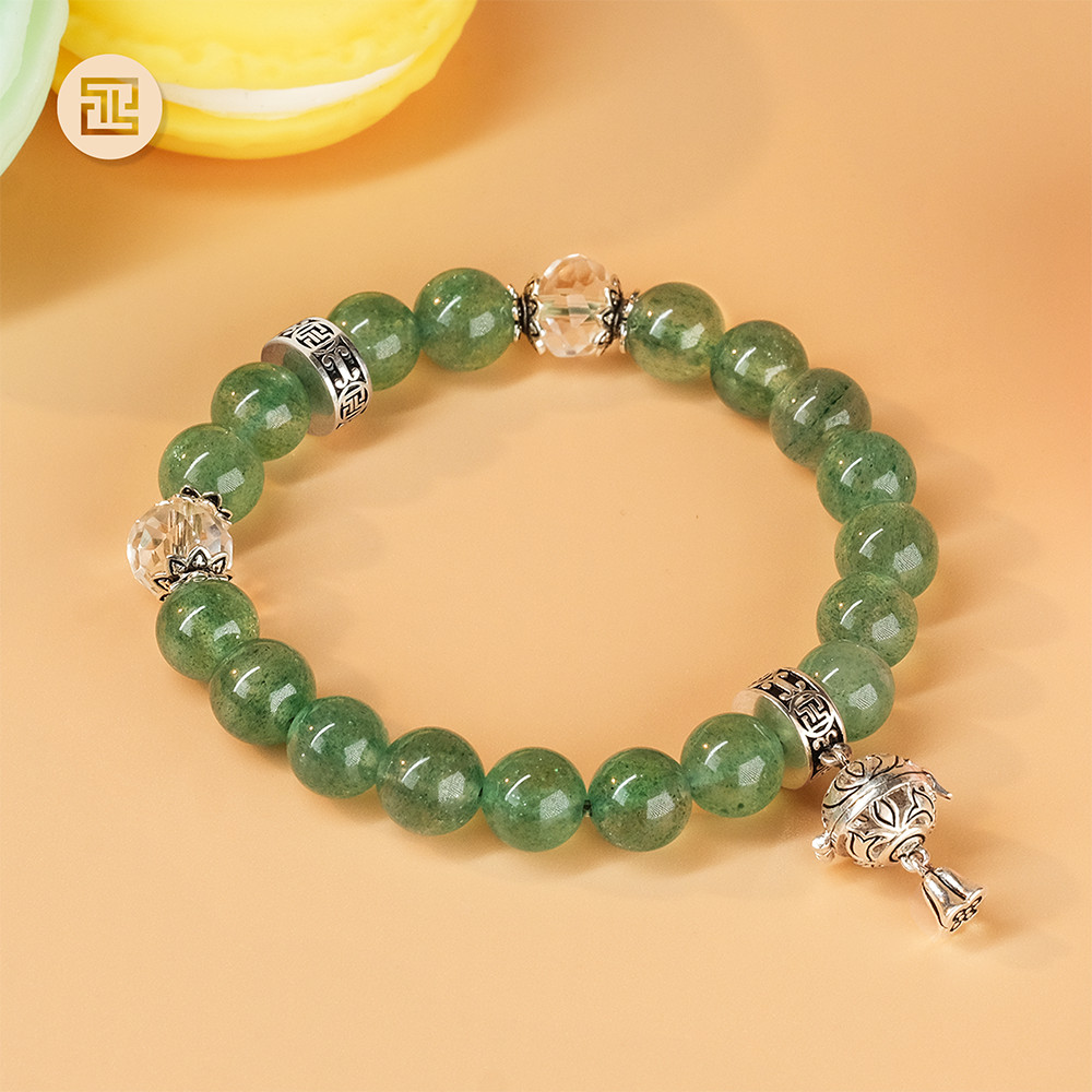 Tinh lâm vòng tay phong thủy đá thạch anh dâu tây xanh 7 li - charm hoa sen phối đá thạch anh