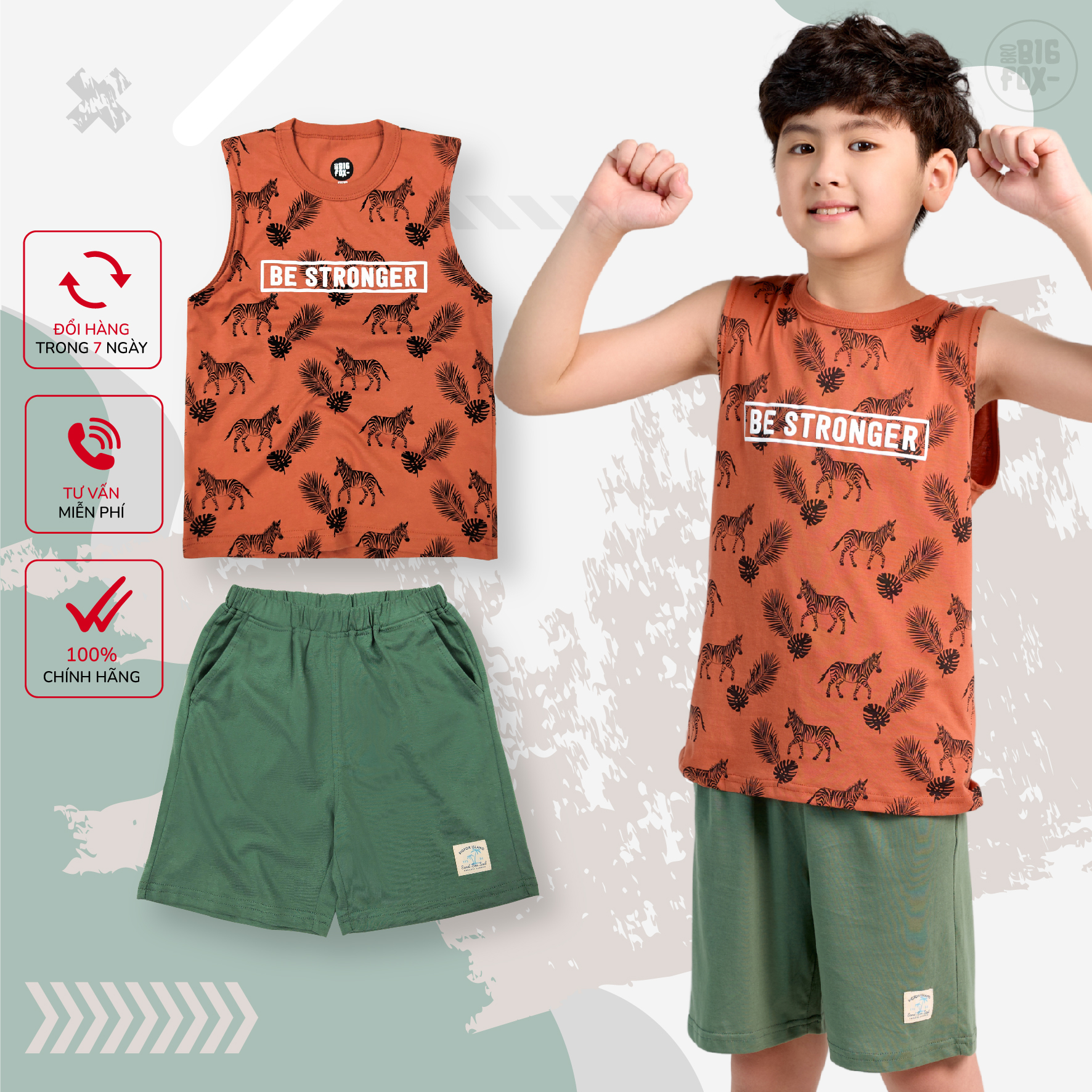 Đồ bộ bé trai BIGFOX - MISS MEOW size đại, bộ ba lỗ cho bé chất cotton phong cách Âu Mỹ hình in ngựa vằn stronger 11 – 40 QATE