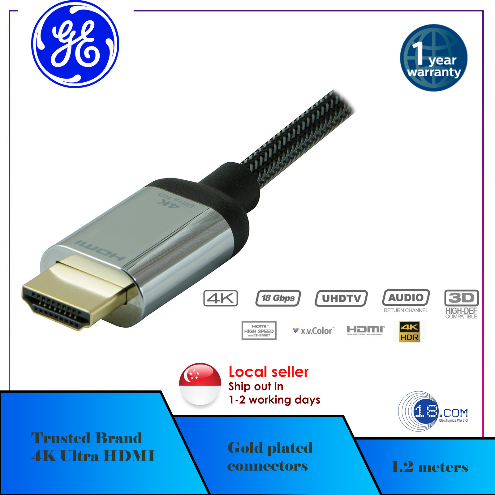 Arc Audio TechFlo Pro Shield 1.5m HDMI 2.0 4k 1080P Cable with Ethernet ARC Ultra HD Audio 