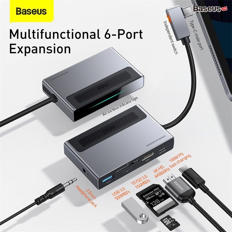 Hub chuyển đổi 6in1 Baseus Magic Multifunctional Type-C with a Retractable Clip Standard Edition (USB 3.0, SD/TF 3.0, HDMI 4K60Hz, 3.5mm, 100W)