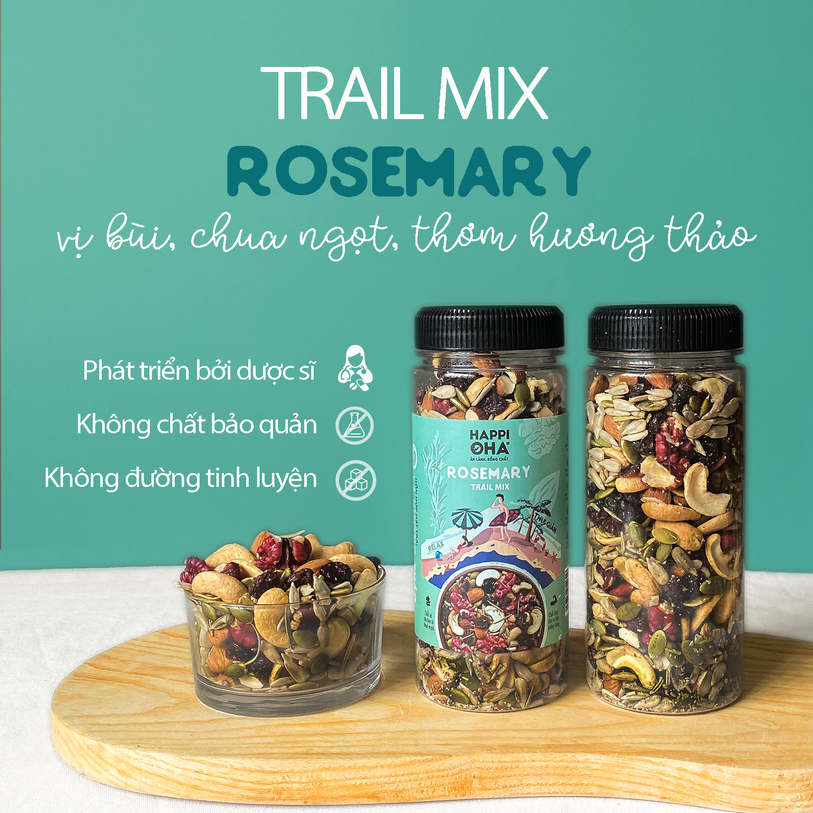 Granola Trailmix Rosemary HAPPI OHA - Ngũ Cốc Ăn Sáng/ Ngũ Cốc Ăn Kiêng Không Đường Tinh Luyện Hỗn Hợp Hạt Trái Lá Hương Thảo