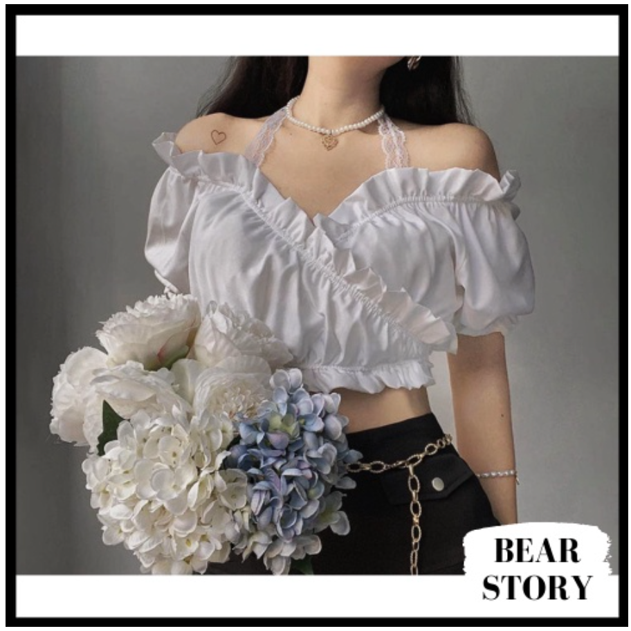 Áo Croptop Kiểu Nữ Voan Đắp Chéo Phối Ren Siêu Xinh Nữ Tính By bear.story