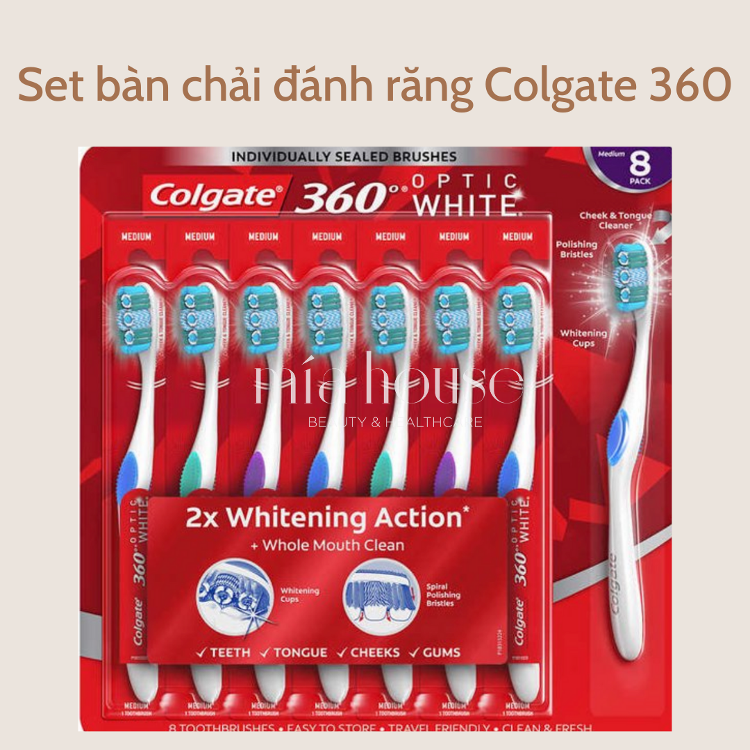 Bàn chải đánh răng Colgate 360 Optic White Vỉ 8 cây