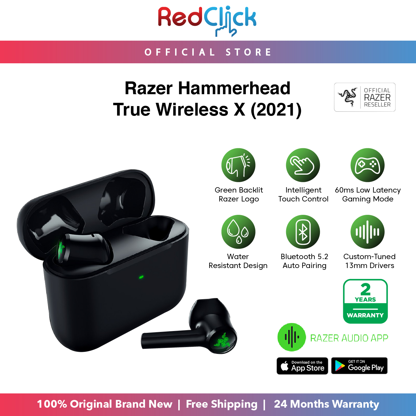 Razer Hammerhead True Wireless Earbuds X Bluetooth 5.2 Low Latency Gaming Water-Resistant Design