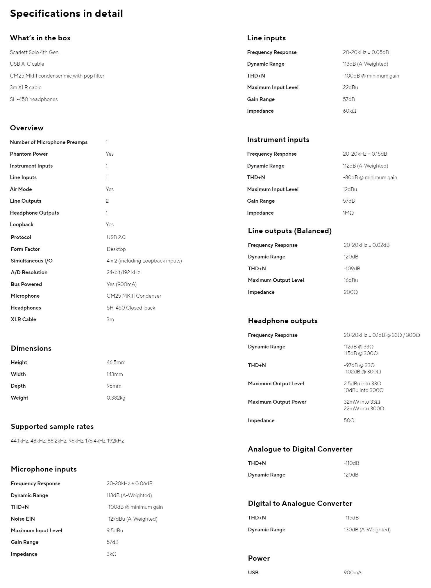 Focusrite Scarlett Solo Studio (4th Gen) Technical Specifications