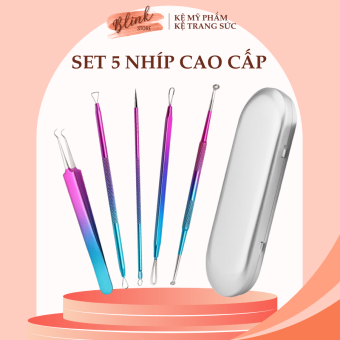 Bộ nhíp 5 món lấy nhân mụn thép không gỉ cao cấp có hộp đựng kim loại chắn chắn giúp bạn chăm sóc da chuyên nghiệp