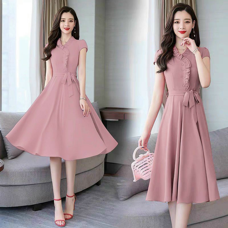 Đầm xòe thắt nơ eo chất liệu umi có độ giãn màu hồng đất nhẹ nhàng, kiểu dáng nữ tính thanh lịch - th