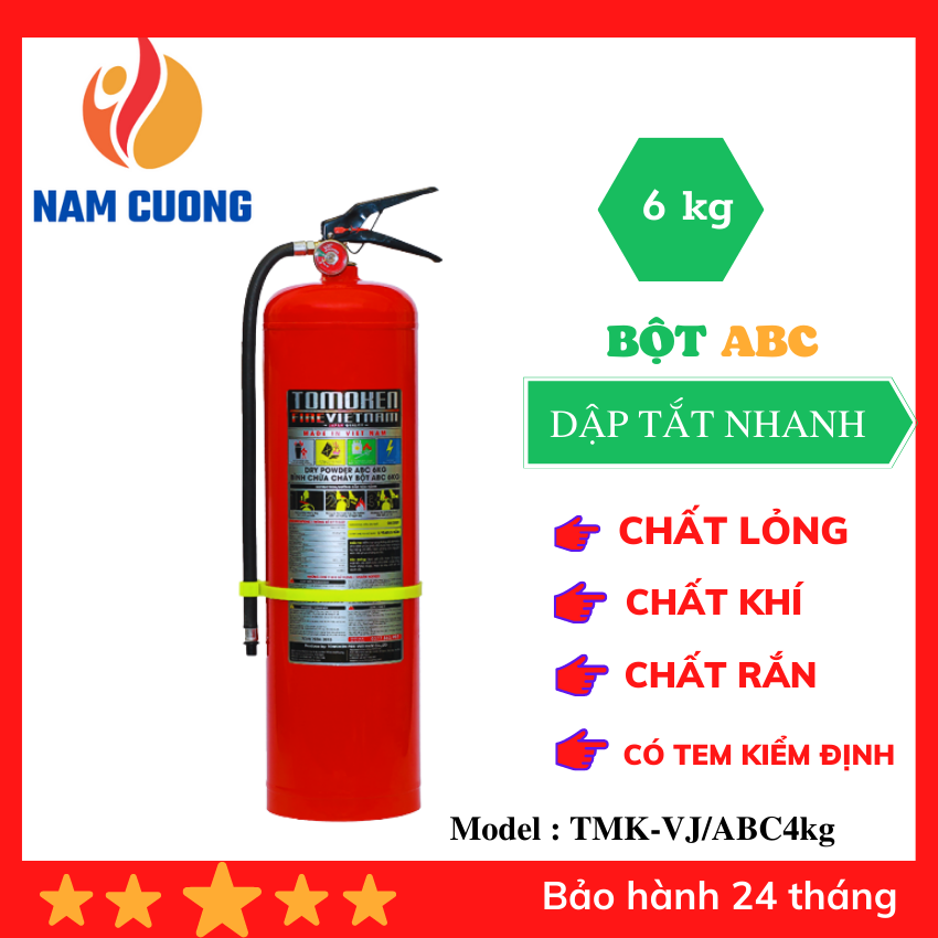 Bình chữa cháy bột ABC 6kg TOMOKEN công nghệ Nhật Bản - Việt Nam, có tem kiểm định, chất lượng cao